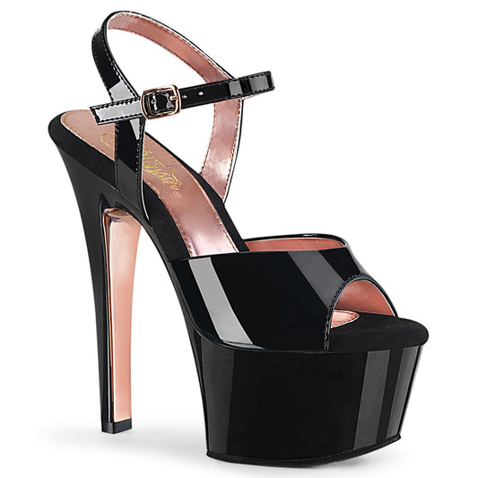 Pleaser Sandales pour femmes ASPIRE-609TT BLK PAT / BLK-ROSE GOLD CHROME