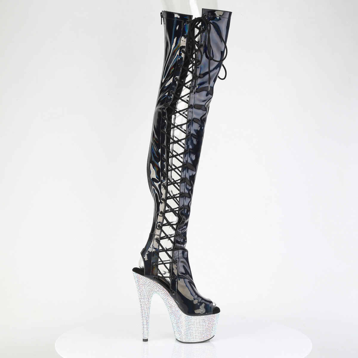 Pleaser Women's Platform Shoes BEJEWELED-3052HG-7 Blk Holo Pat/Slv Multi RS