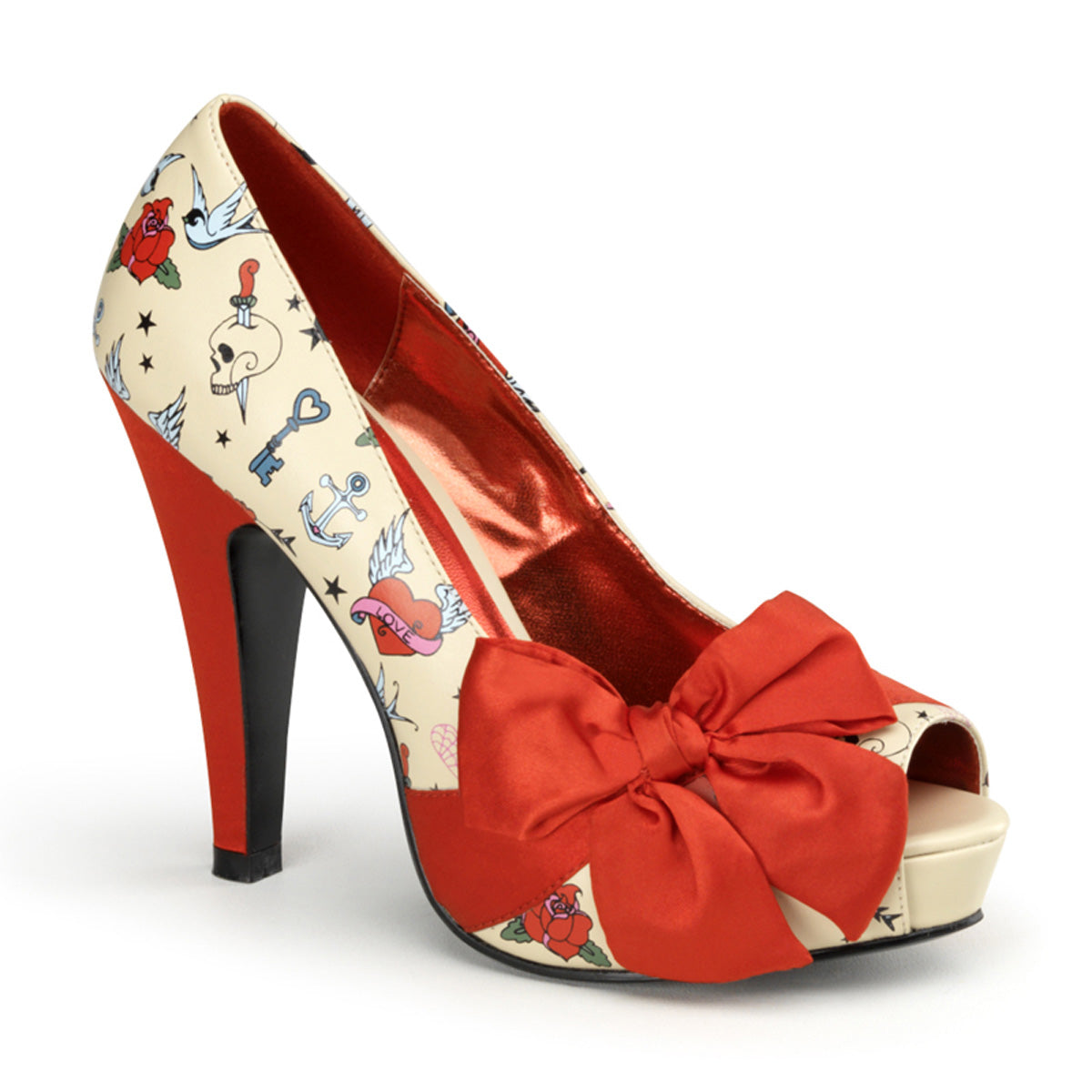 Pin Up Couture Aux femmes BETTIE-13 Satin Pu-Red à la crème (imprimé de tatouage)