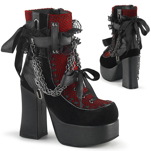 DemoniaCult Bottes de cheville des femmes CHARADE-110 BLK V. LE-RED-BLK VELVET-FISHNET RONDIONNE