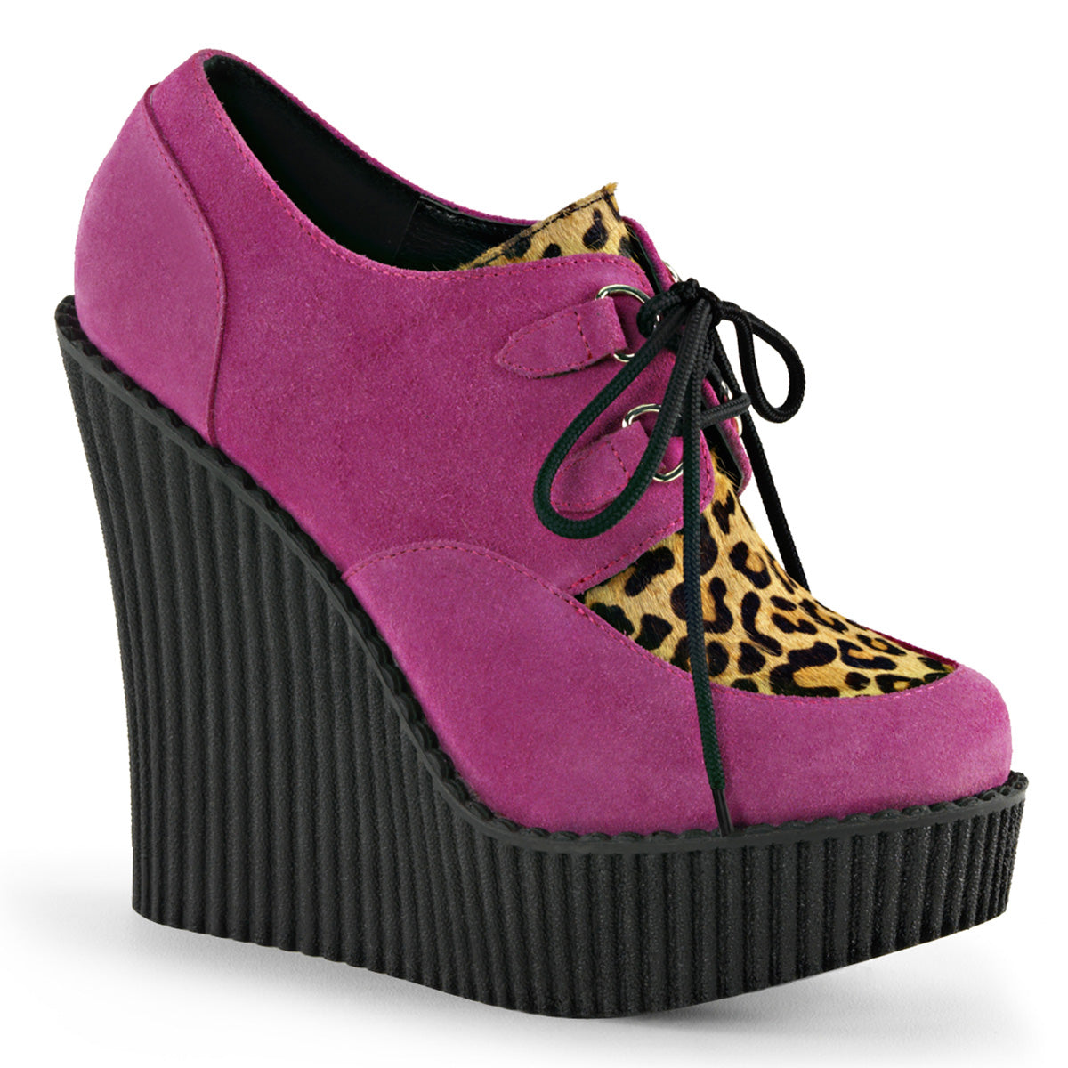 DemoniaCult Chaussure basse des femmes CREEPER-304 H.Pink Vegan Suede-Leopard Pony Pony Hair