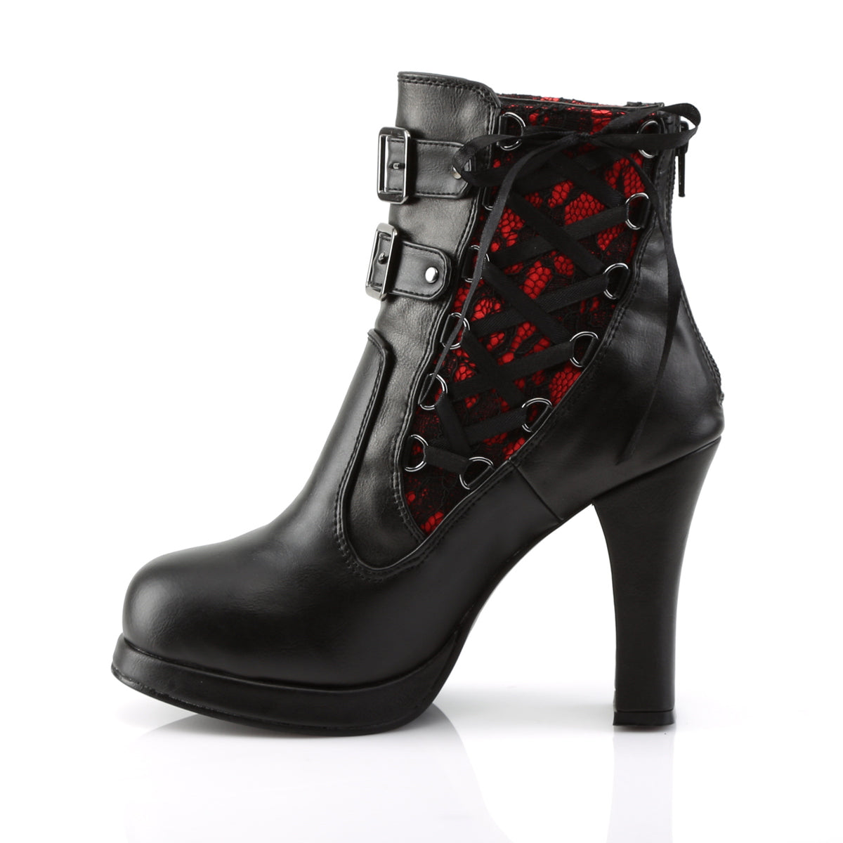 DemoniaCult Bottes de cheville des femmes CRYPTO-51 cuir végétalien en dentelle BLK-RED