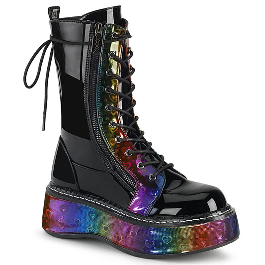 DemoniaCult Bottes de femmes EMILY-350 blk pat-Rainbow Hologramme avec coeurs