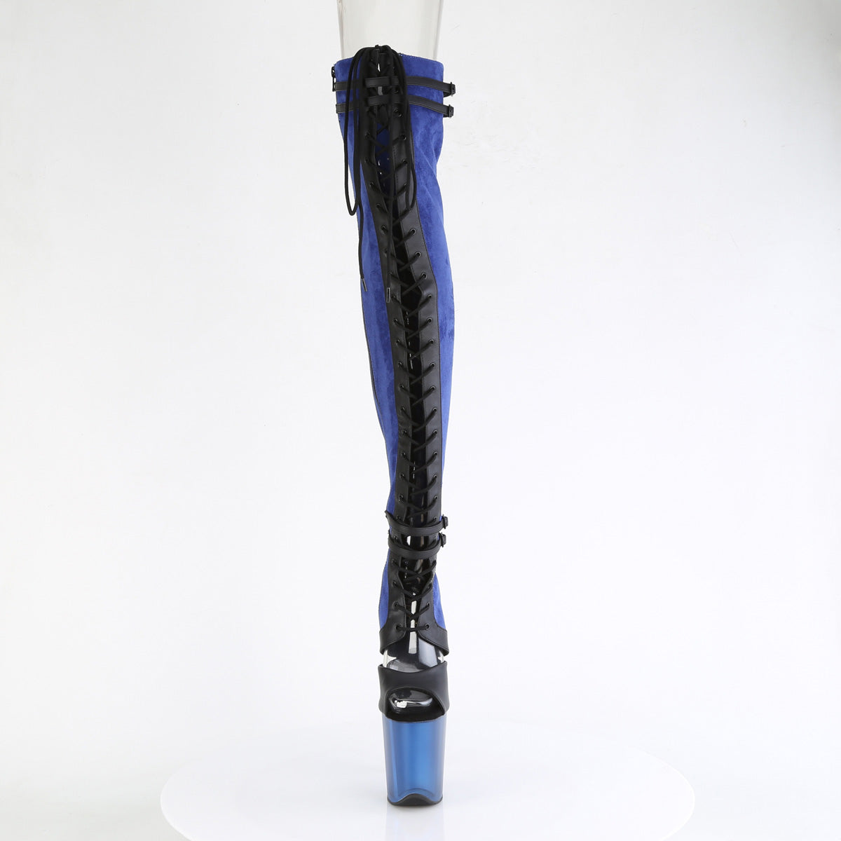 Pleaser Boots FLAMINGO-3027 Blue Faux Suede-Blk Faux Leather/Frosted Blue