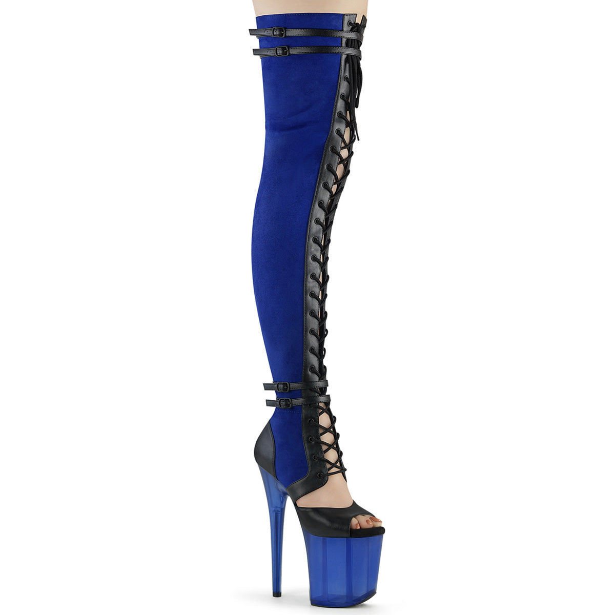 Pleaser Boots FLAMINGO-3027 Blue Faux Suede-Blk Faux Leather/Frosted Blue