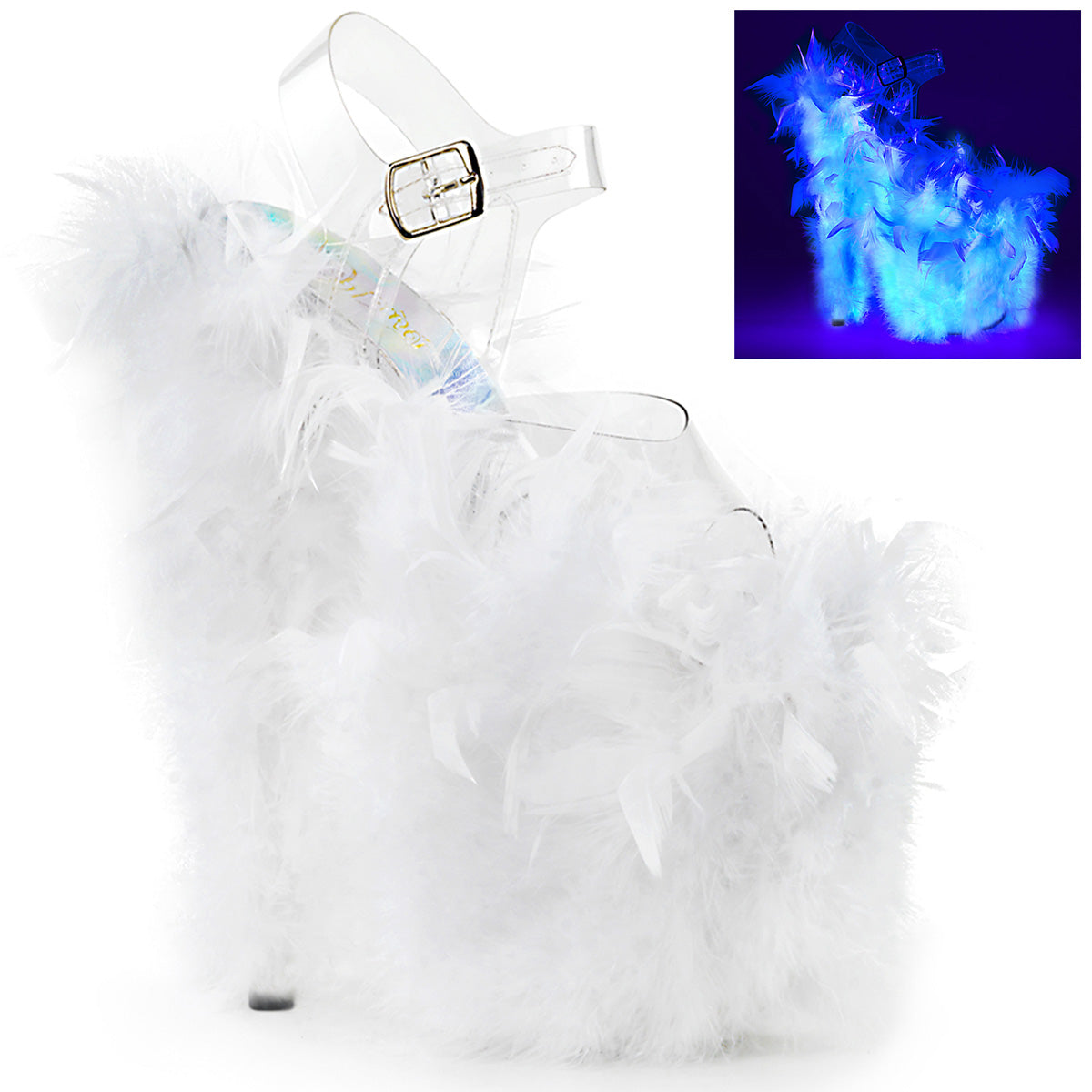 Pleaser Sandales pour femmes FLAMINGO-808F CLR / NEON WHT WHT MARABOU