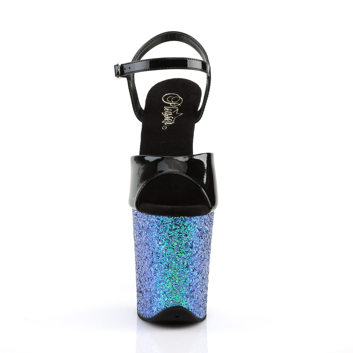 Pleaser Sandales pour femmes FLAMINGO-809LG BLK PAT / BLEU MULTI GLITTER
