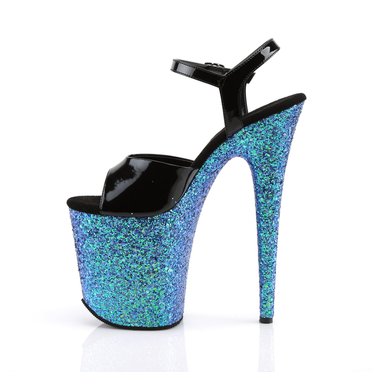 Pleaser Sandales pour femmes FLAMINGO-809LG BLK PAT / BLEU MULTI GLITTER