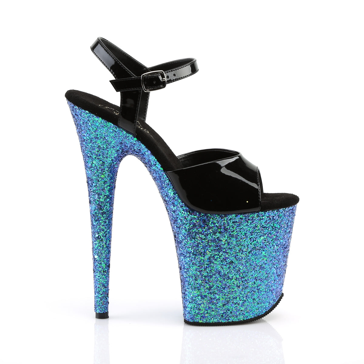 Pleaser Sandales pour femmes FLAMINGO-809LG BLK PAT / BLEU MULTI GLITTER