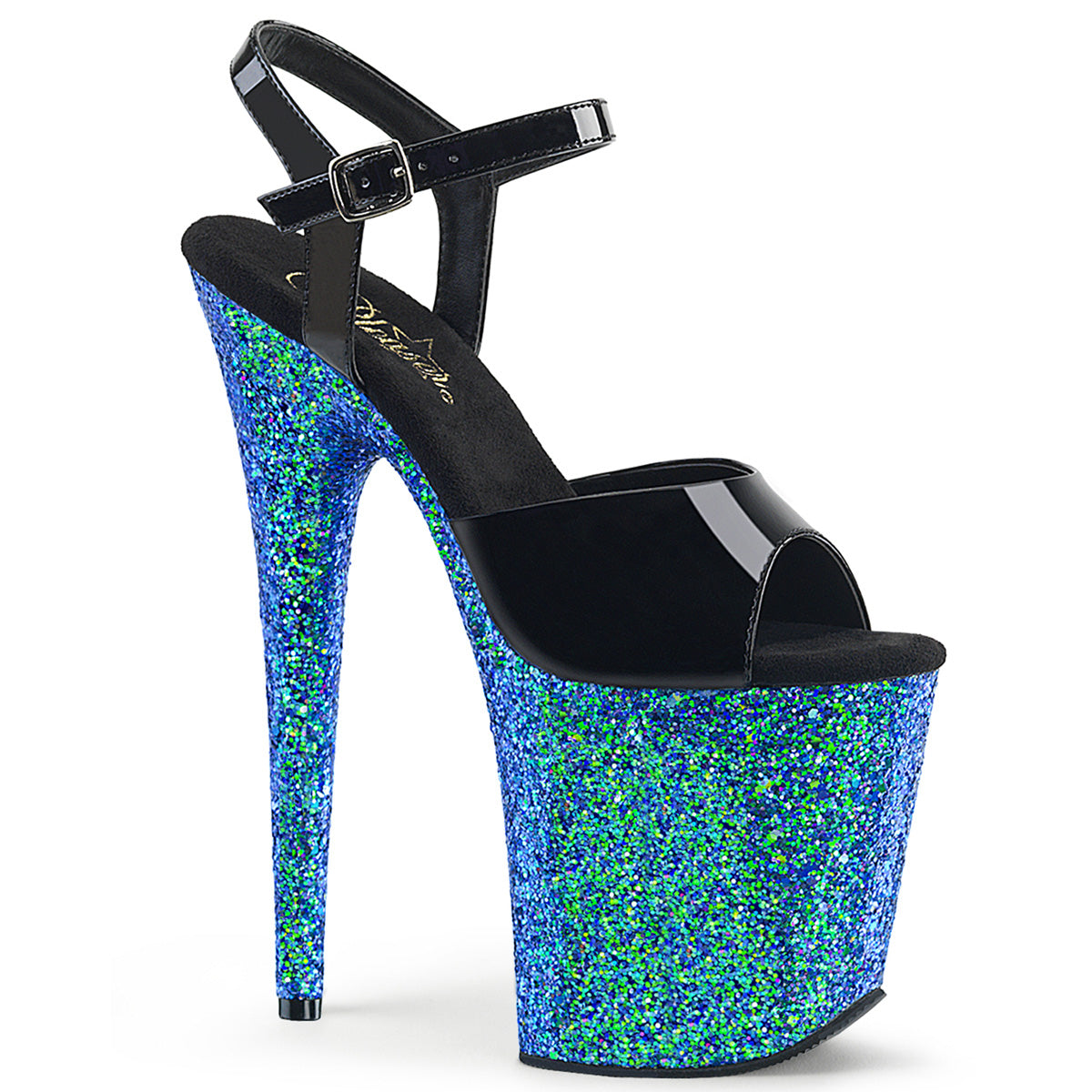Pleaser Sandales pour femmes FLAMINGO-809LG BLK PAT / BLEU MULTI GLITTER