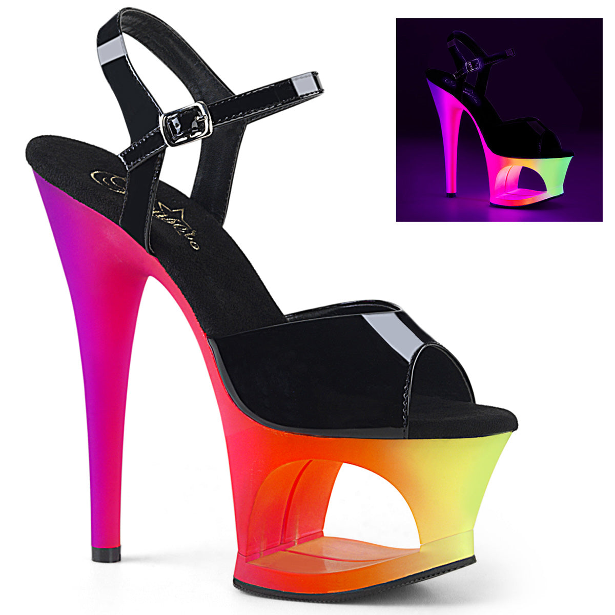 Pleaser Sandales pour femmes MOON-709UV BLK PAT / NEON MULTI