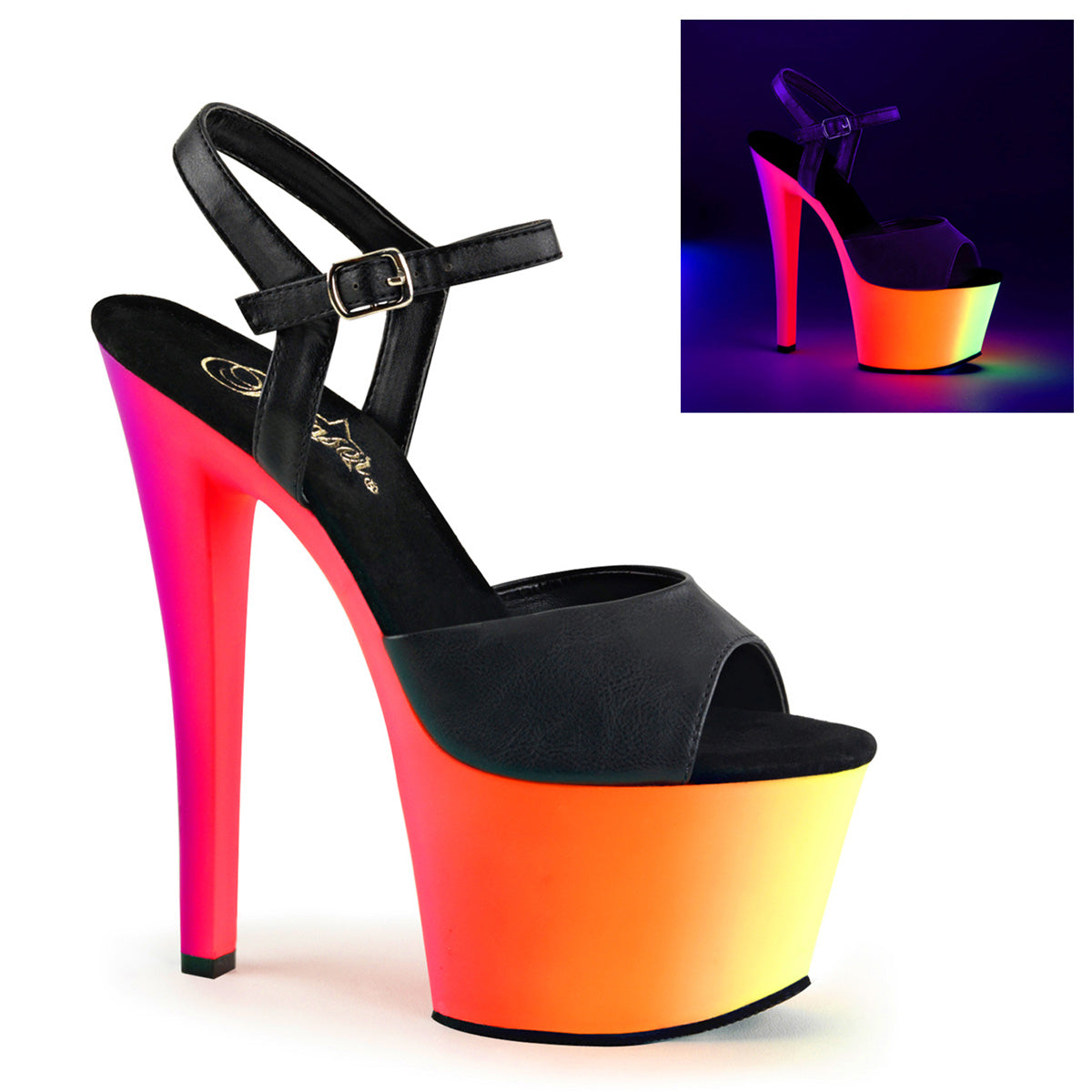 Pleaser Sandales pour femmes RAINBOW-309UV Blk Faux Cuir / Néon Multi