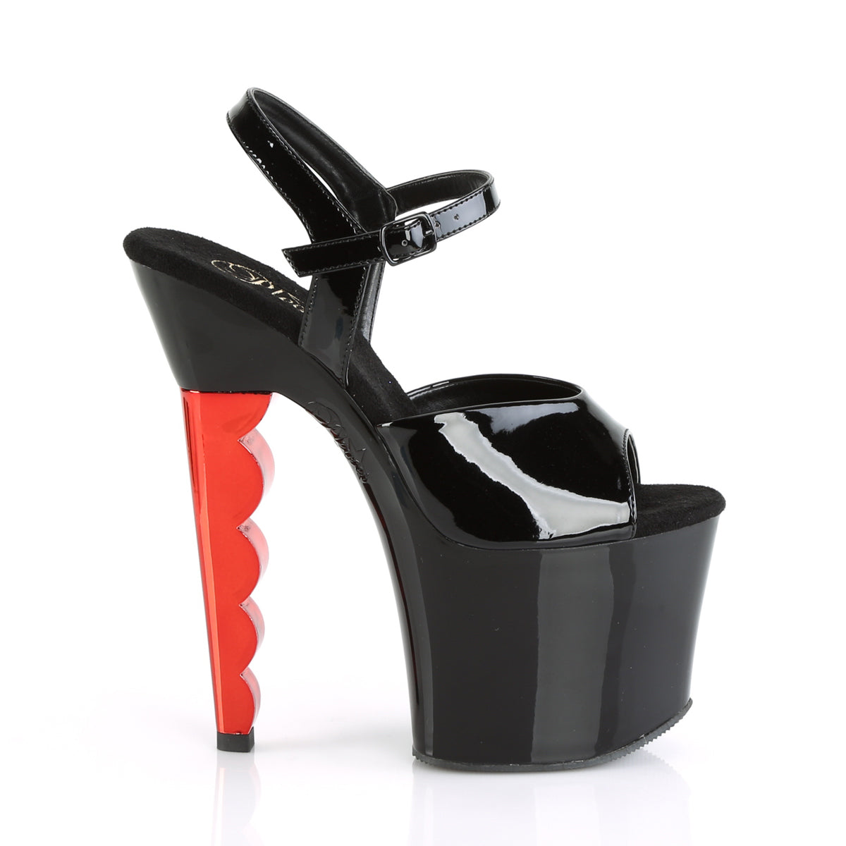 Pleaser Sandales pour femmes SCALLOP-709ch BLK PAT / BLK-RED CHROME