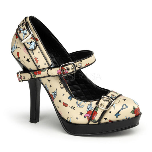 Pin Up Couture Pompes pour femmes SECRET-14 crème PU (impression de tatouage)