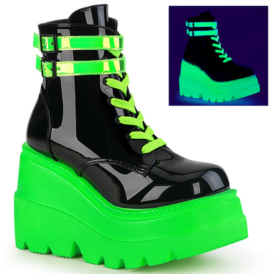 DemoniaCult Bottes de cheville des femmes SHAKER-52 BLK Pat-UV NEON GREEN
