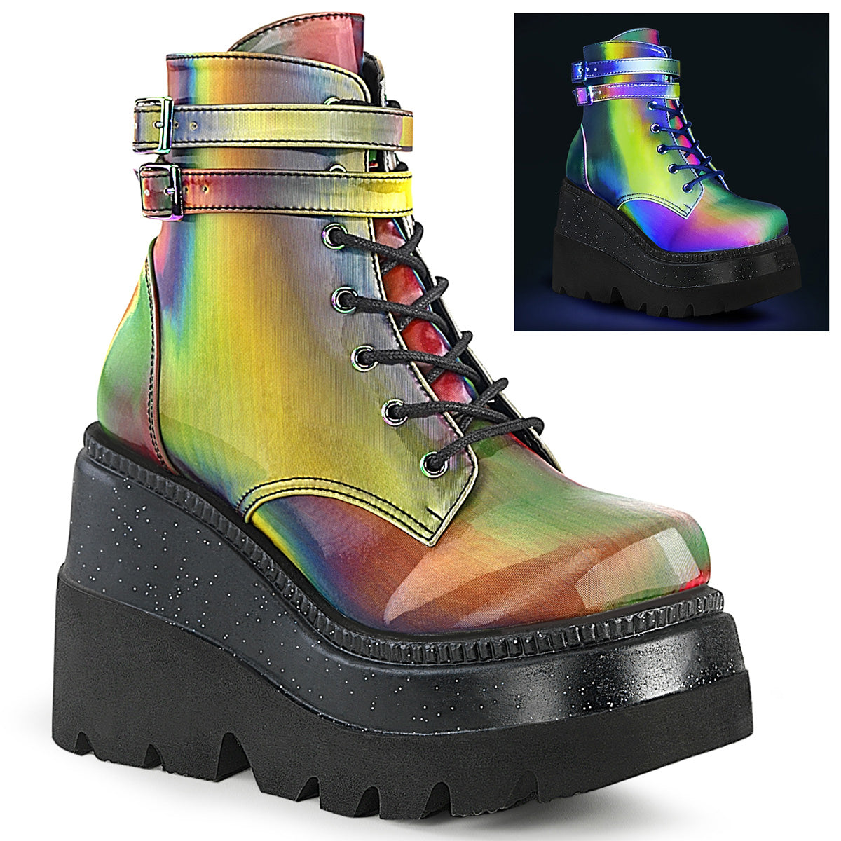 DemoniaCult Bottes de cheville des femmes SHAKER-52 Rainbow Réfléchissant