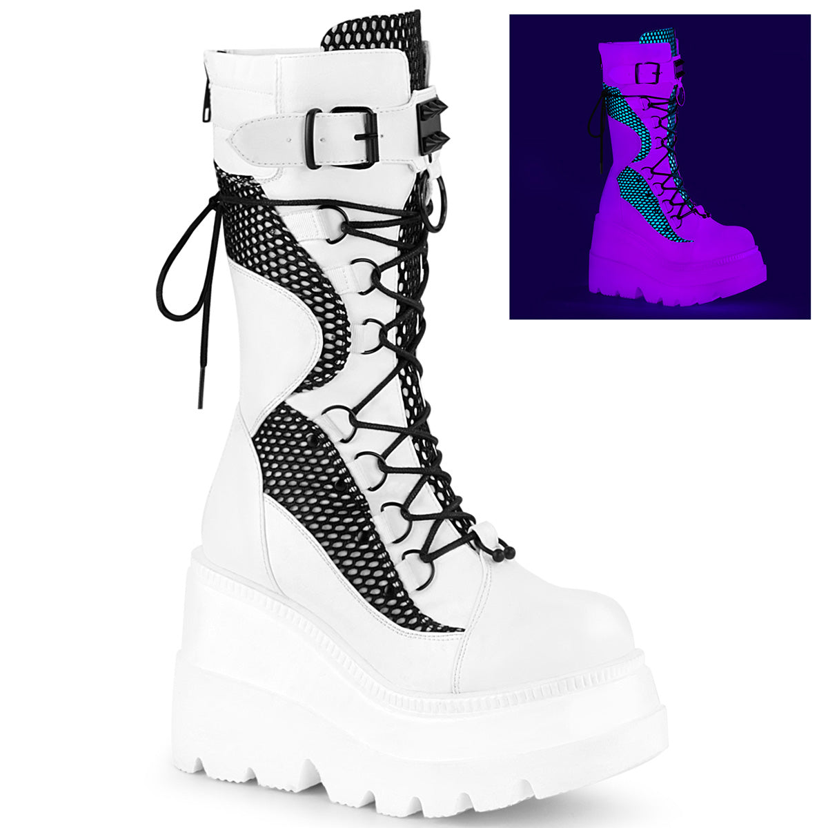 DemoniaCult Bottes de femmes SHAKER-70 Fishnet blanc en cuir végétalien blanc