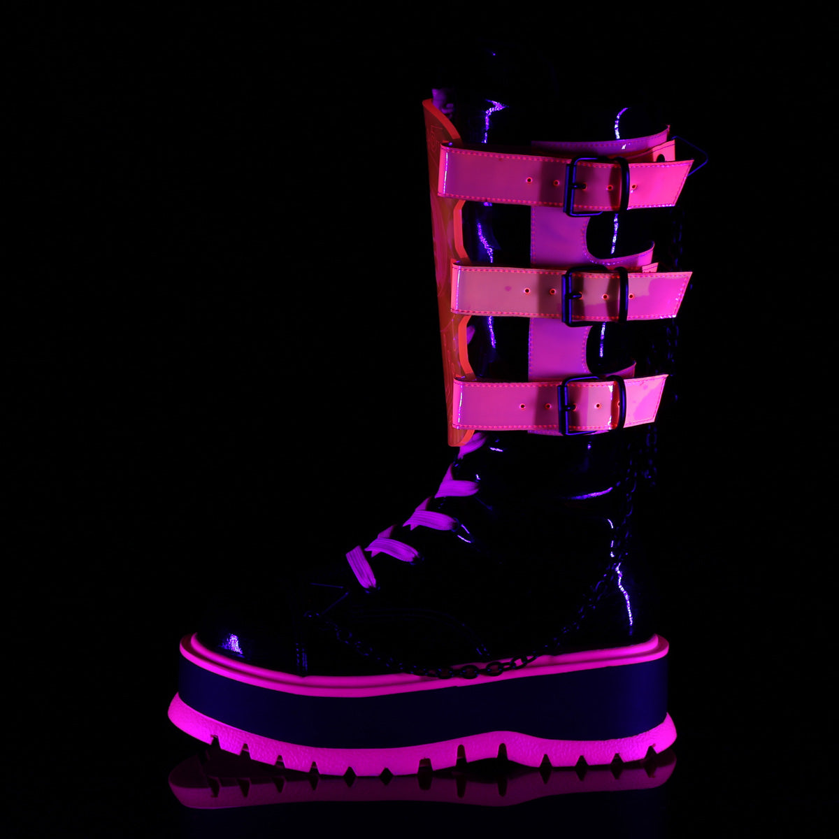 DemoniaCult Bottes SLACKER-156 BLK Patent-uv Neon Pink