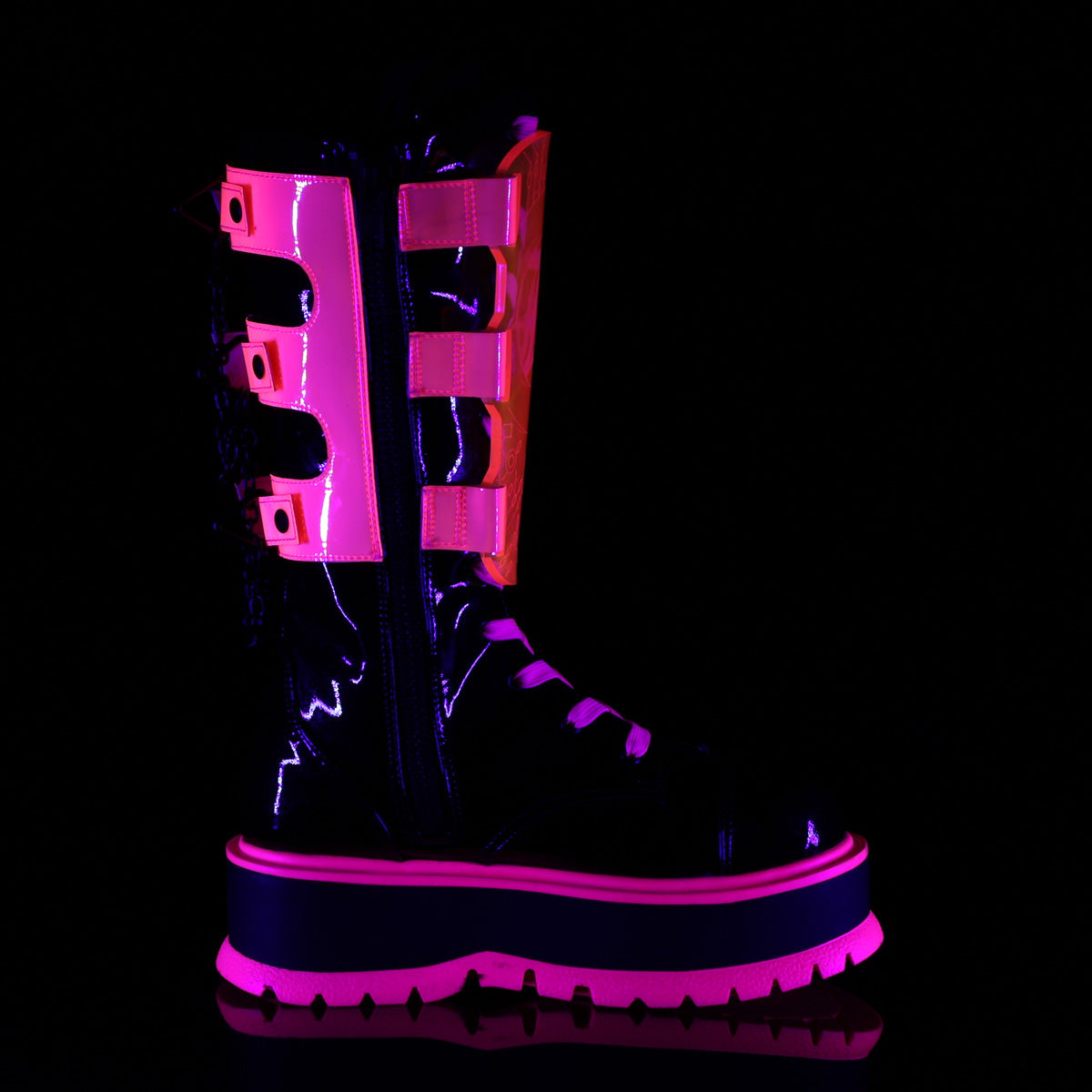 DemoniaCult Bottes SLACKER-156 BLK Patent-uv Neon Pink
