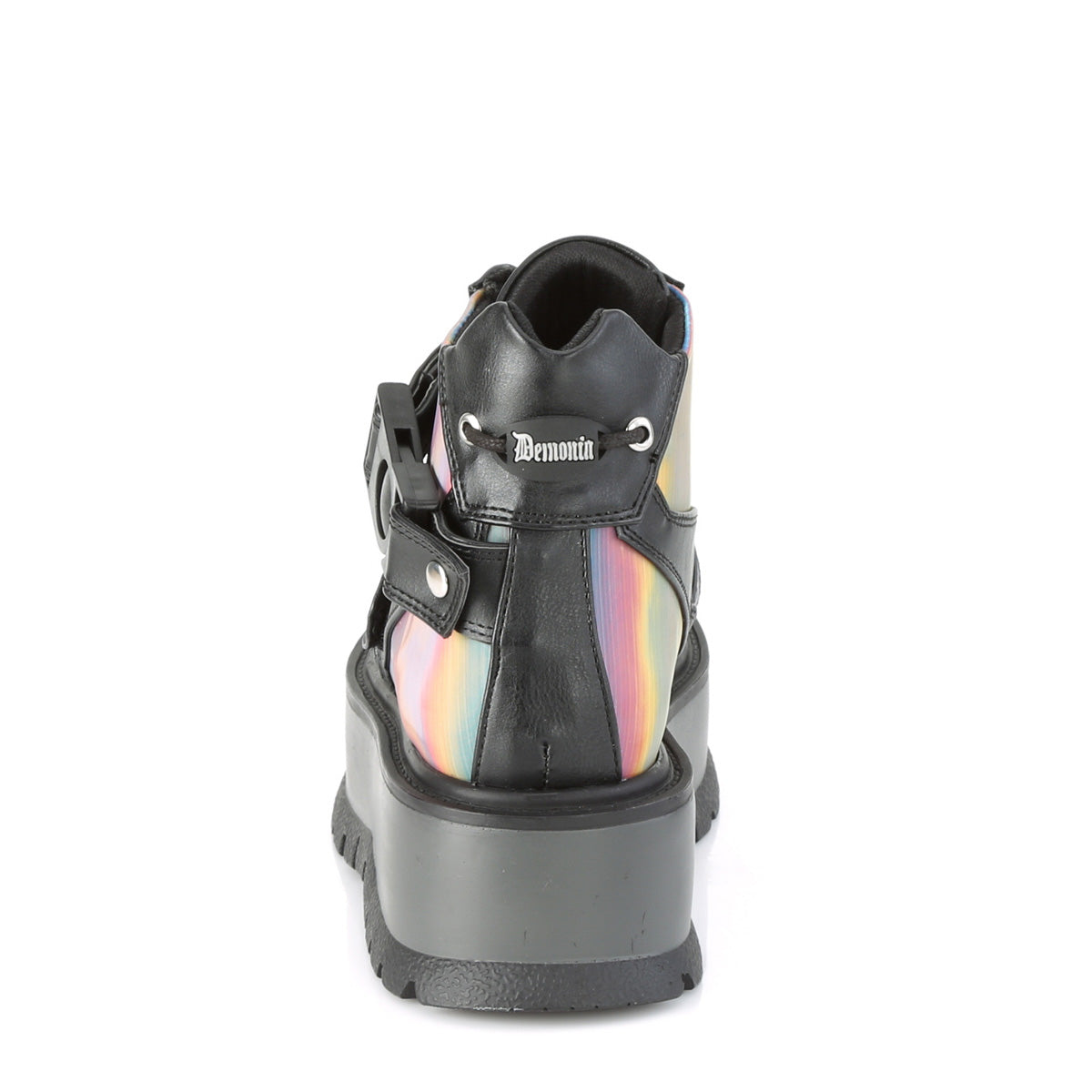 DemoniaCult Bottes de cheville des femmes SLACKER-32 Blk Vegan Leather-Rainbow Réfléchissant