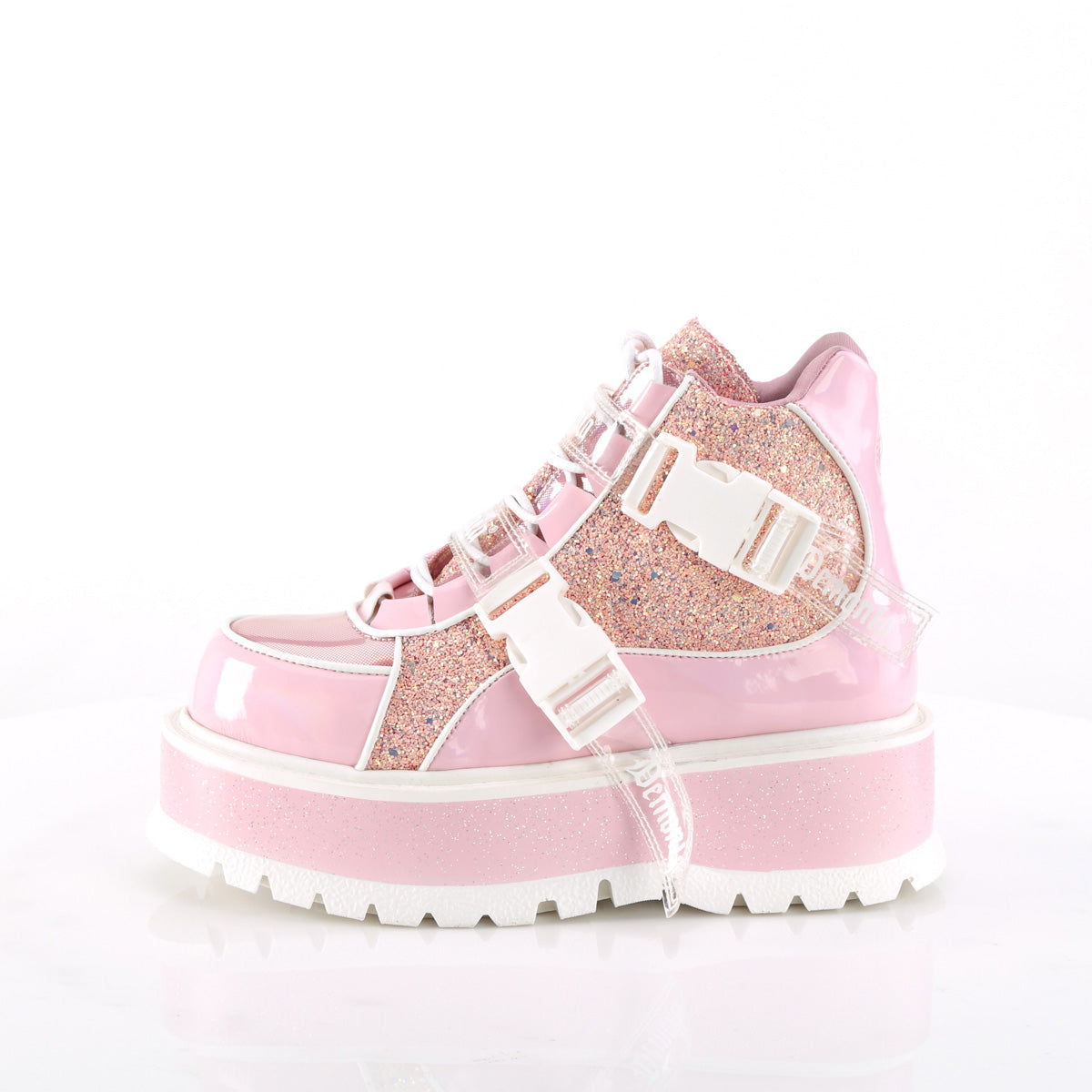 DemoniaCult Ankle Boots SLACKER-50 B. Pink Holographic Pat-Pink Multi Glitter