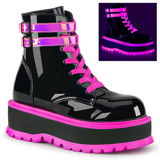 DemoniaCult Bottes de cheville des femmes SLACKER-52 blk pat-uv iridescent rose
