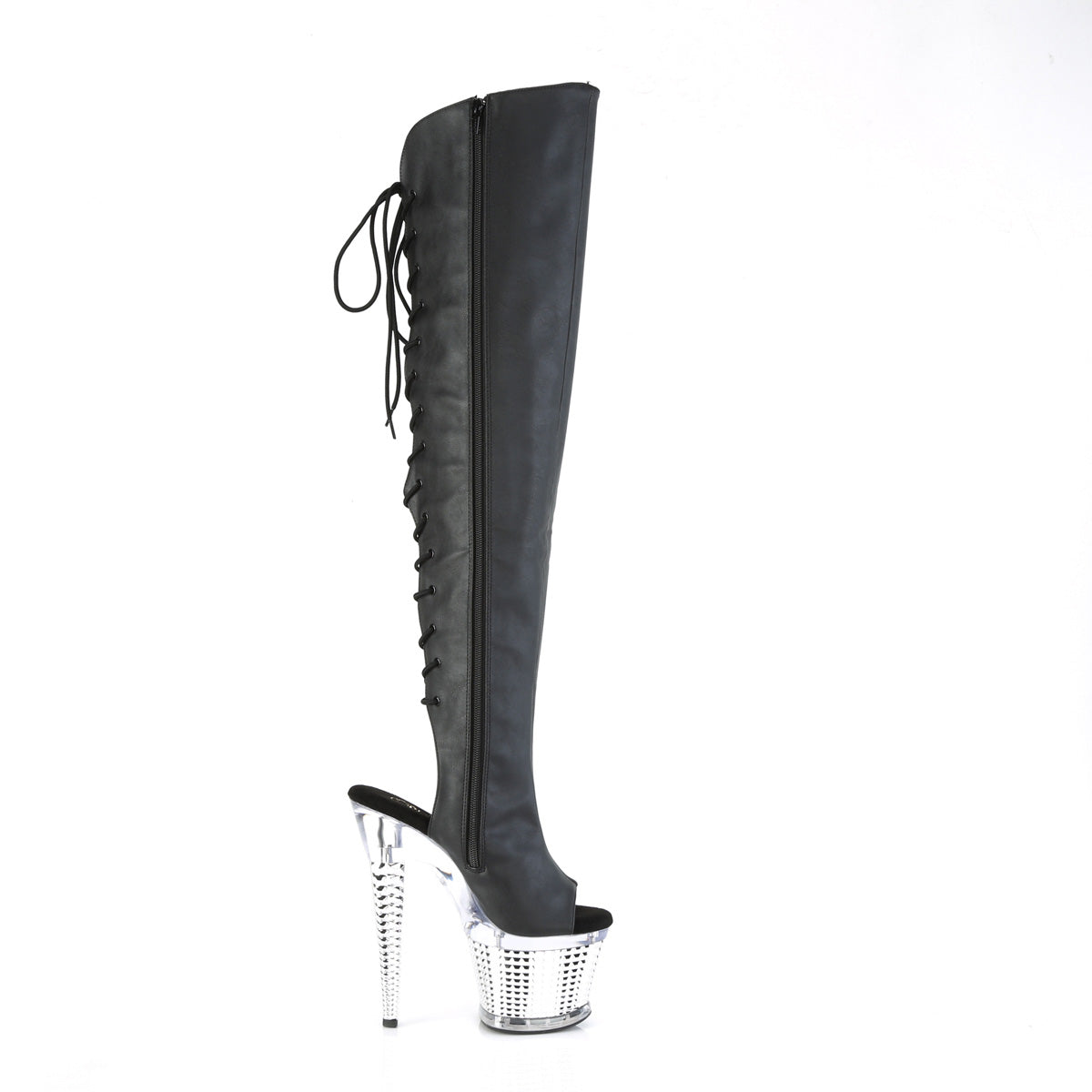 Pleaser Boots SPECTATOR-3019 Blk Faxur Leather/Clr-Slv Chrome