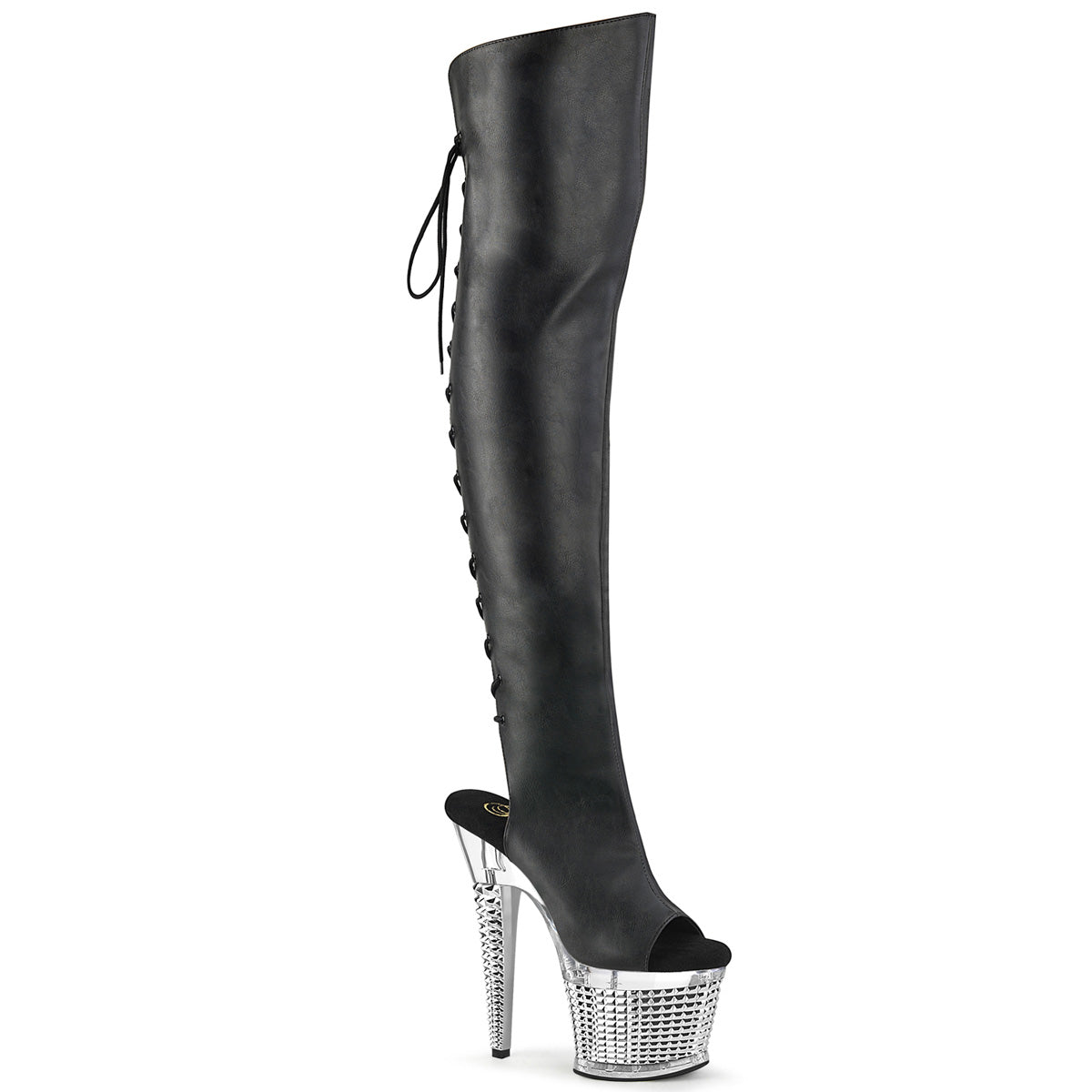 Pleaser Boots SPECTATOR-3019 Blk Faxur Leather/Clr-Slv Chrome