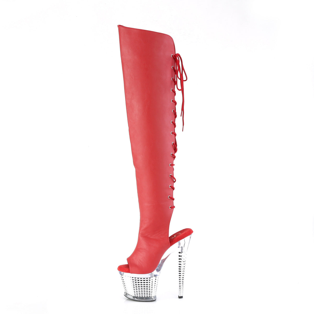 Pleaser Boots SPECTATOR-3019 Red Faux Leather/Clr-Slv Chrome