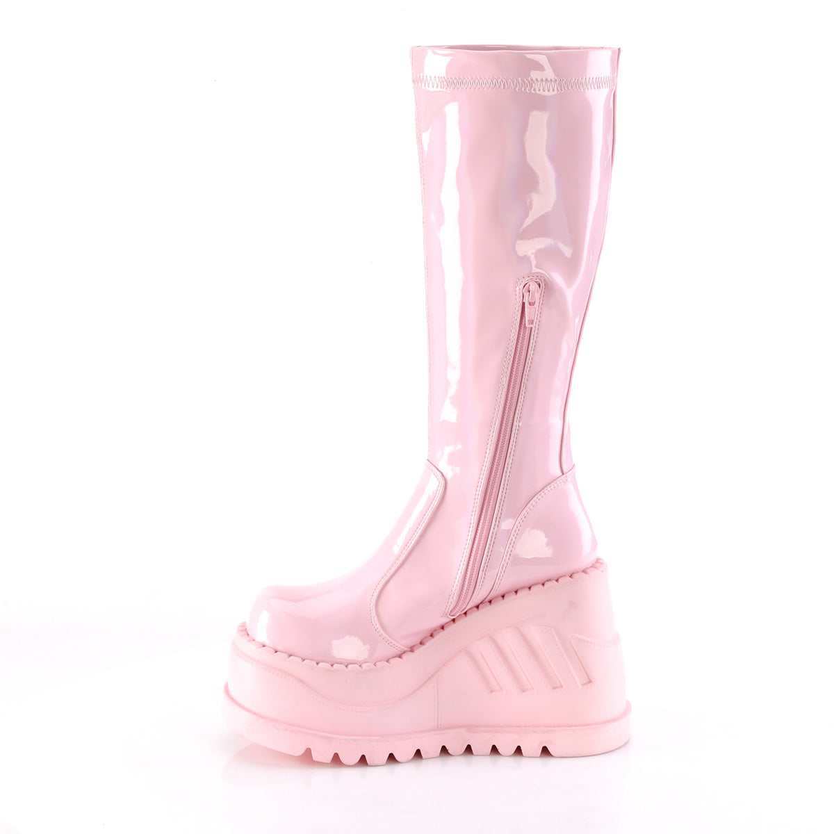 DemoniaCult Women's Mid-Calf & Knee High Boots STOMP-200 B. Pink Hologram Stretch Patent