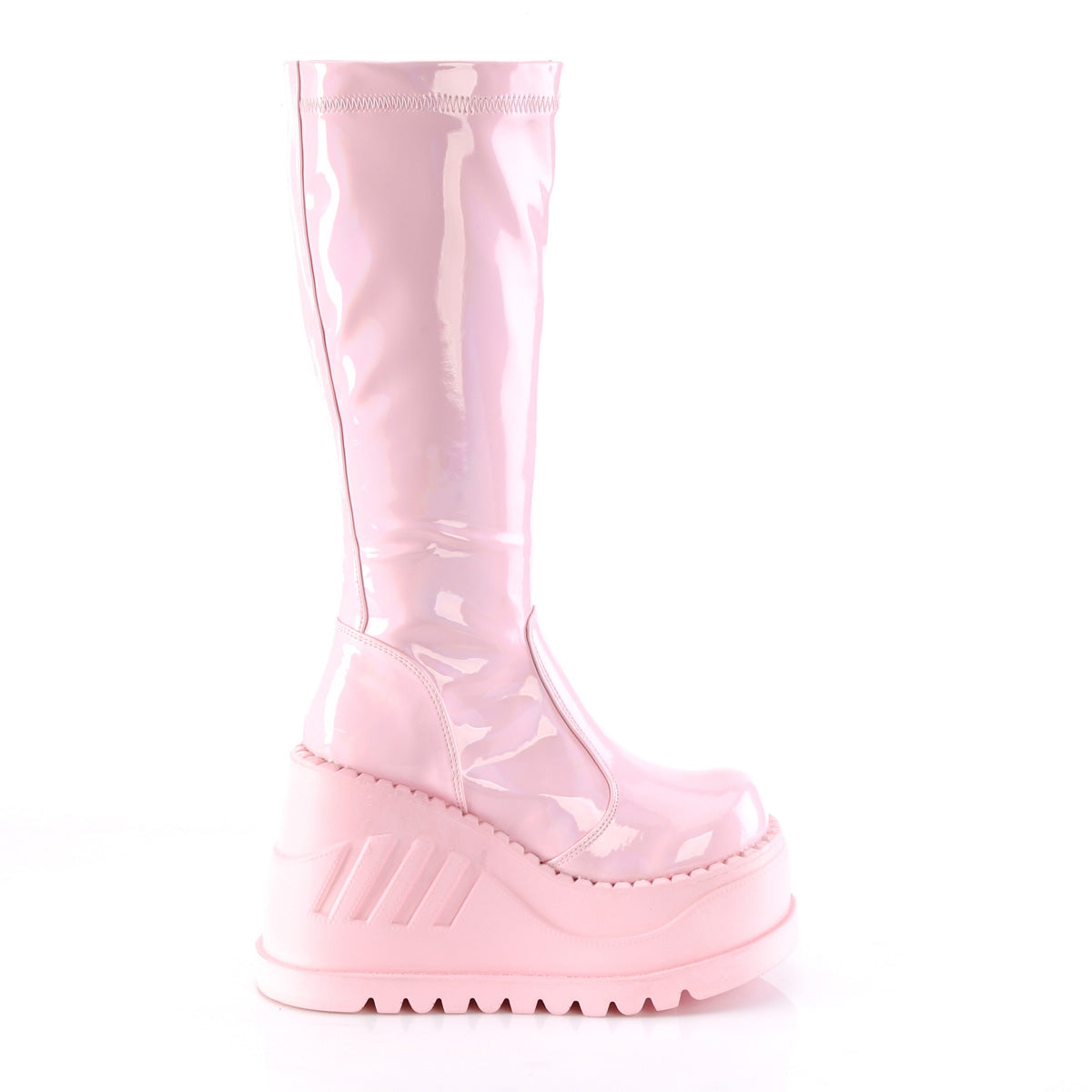 DemoniaCult Women's Mid-Calf & Knee High Boots STOMP-200 B. Pink Hologram Stretch Patent