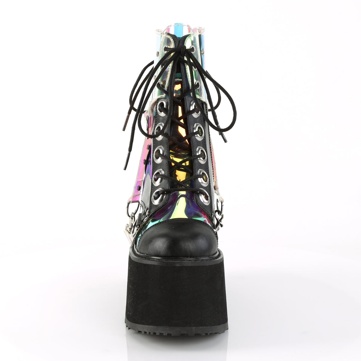 DemoniaCult Womens Ankle Boots SWING-115 Blk Vegan Leather-Pat-Magic Mirror TPU