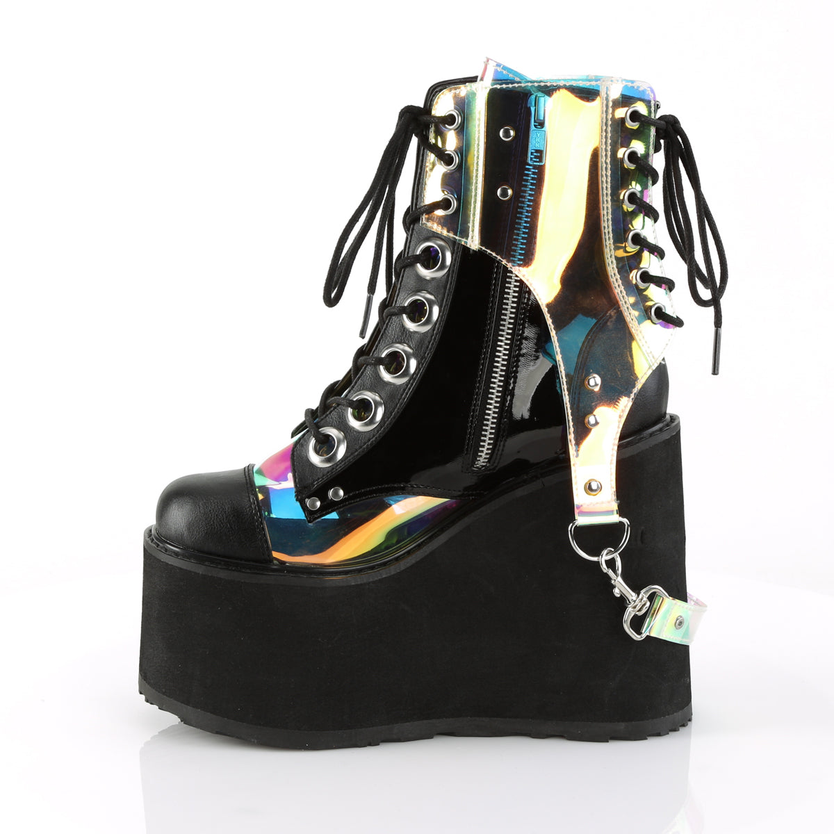 DemoniaCult Womens Ankle Boots SWING-115 Blk Vegan Leather-Pat-Magic Mirror TPU