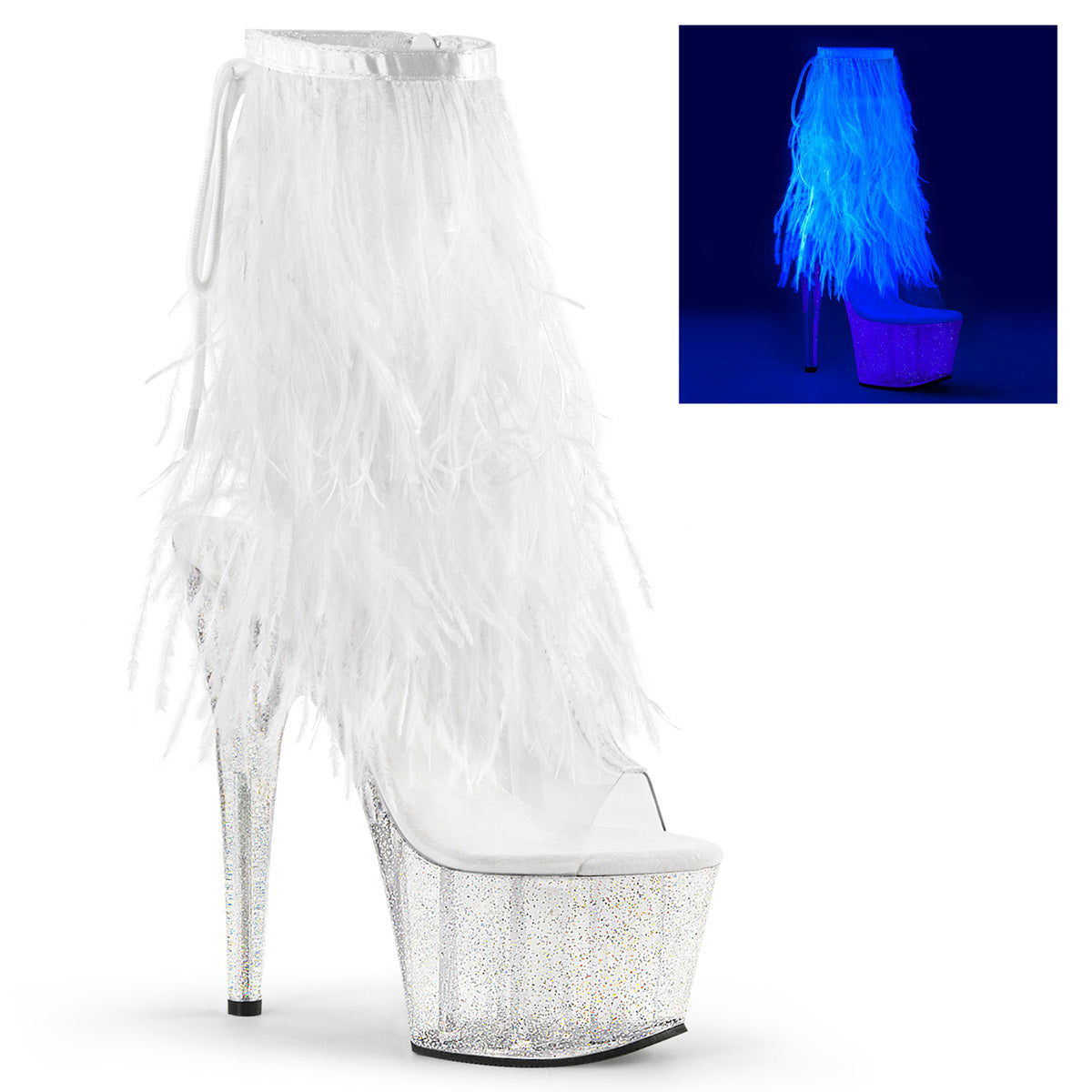 Pleaser Bottines pour femmes ADORE-1017MFF CLR-WHT MARABOU / CLR-GLTR