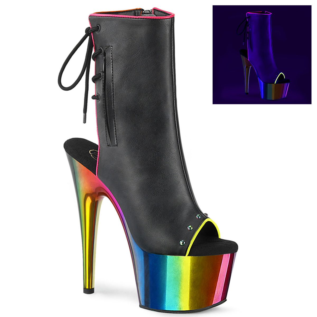 Pleaser Bottines pour femmes ADORE-1018RC-02 Cuir Faux BLK /Rainbow Chrome