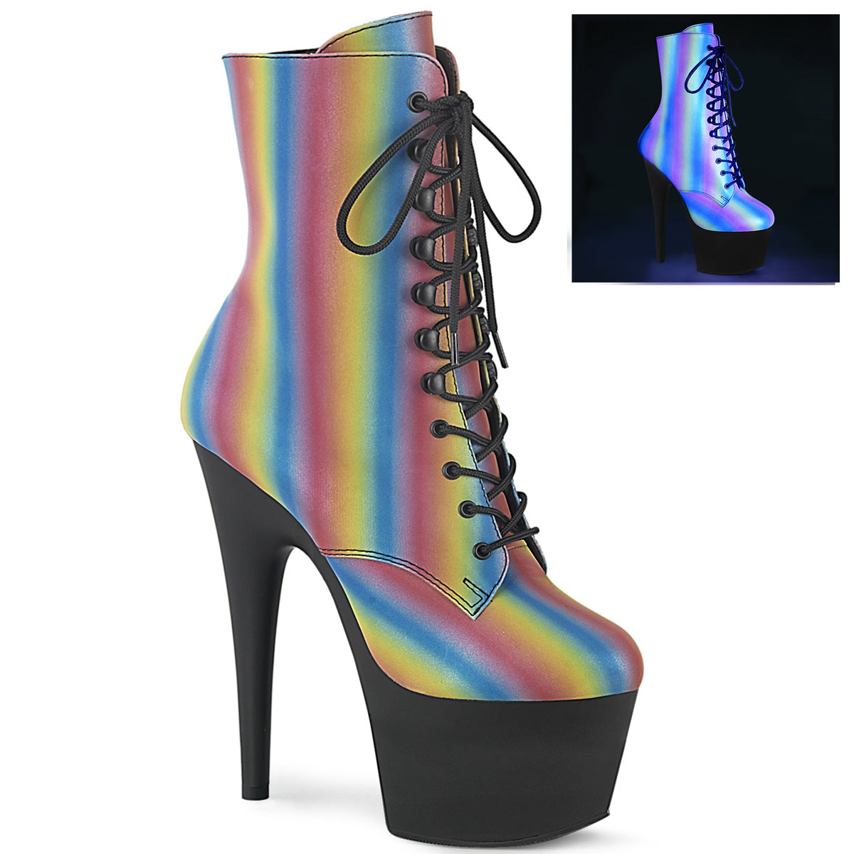 Pleaser Bottines pour femmes ADORE-1020refl-02 Rainbow Réfléchissant / blk mat