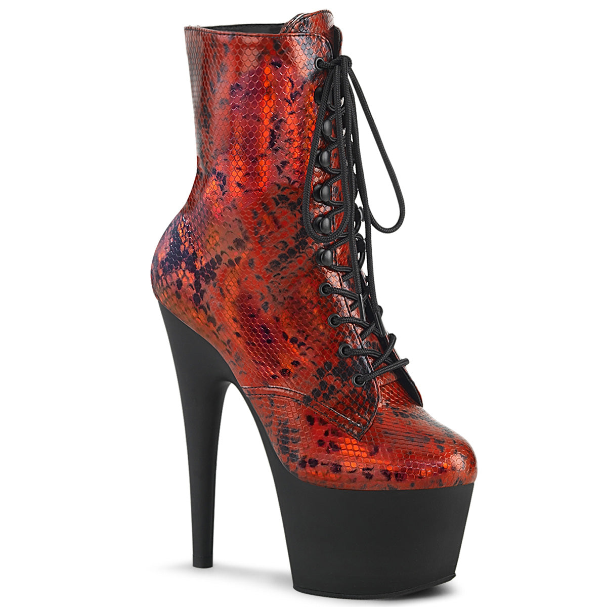 Pleaser Womens Ankle Boots ADORE-1020SP Red Holo Snake Print/Blk Matte