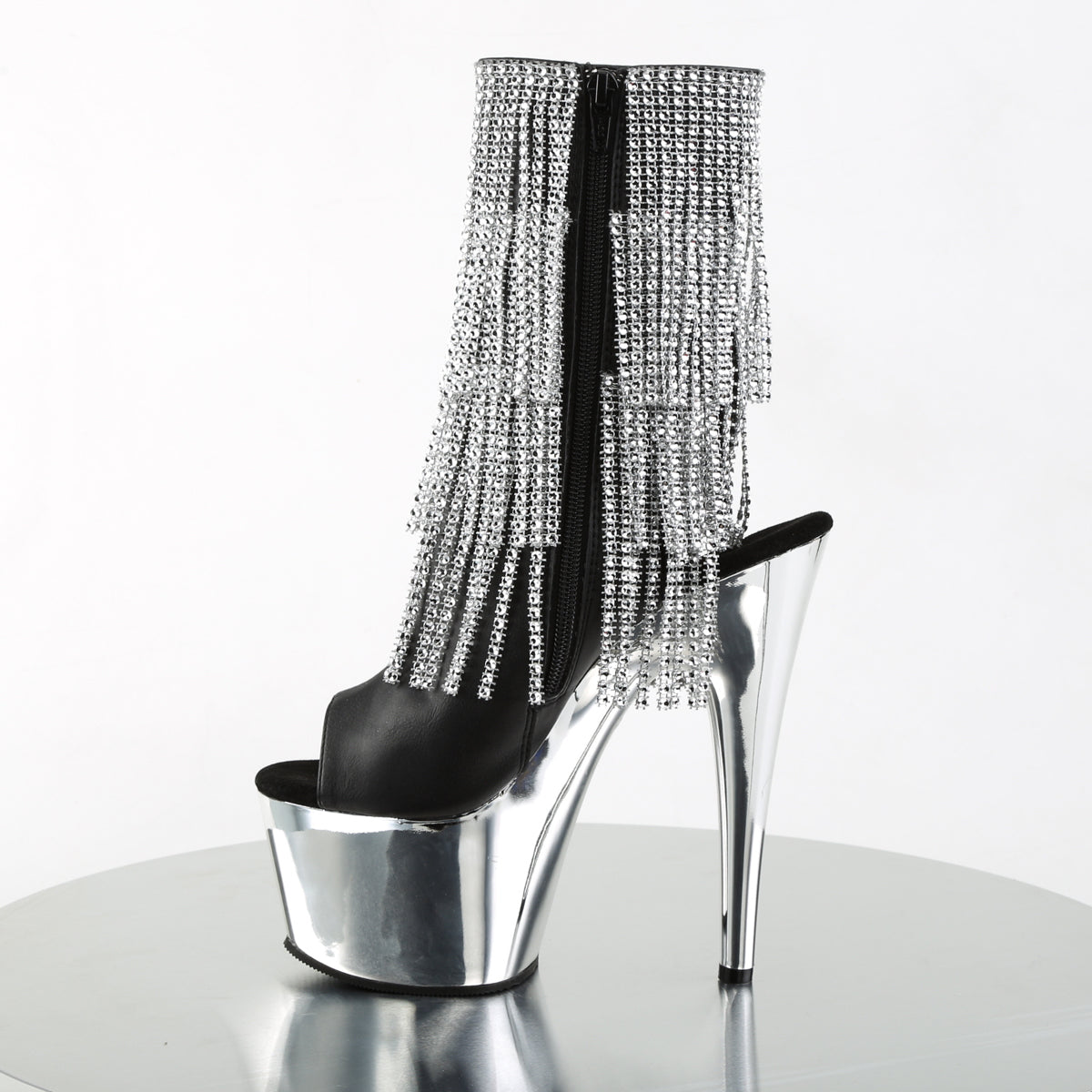 Pleaser Womens Ankle Boots ADORE-1024RSF Blk Faux Leather-Slv/Slv Chrome