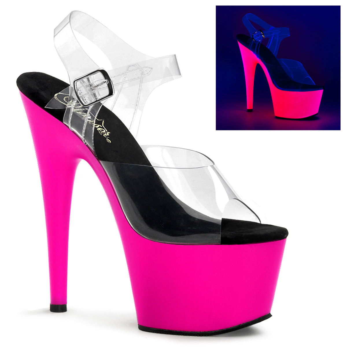 Pleaser Womens Sandals ADORE-708UV Clr/Neon Pink