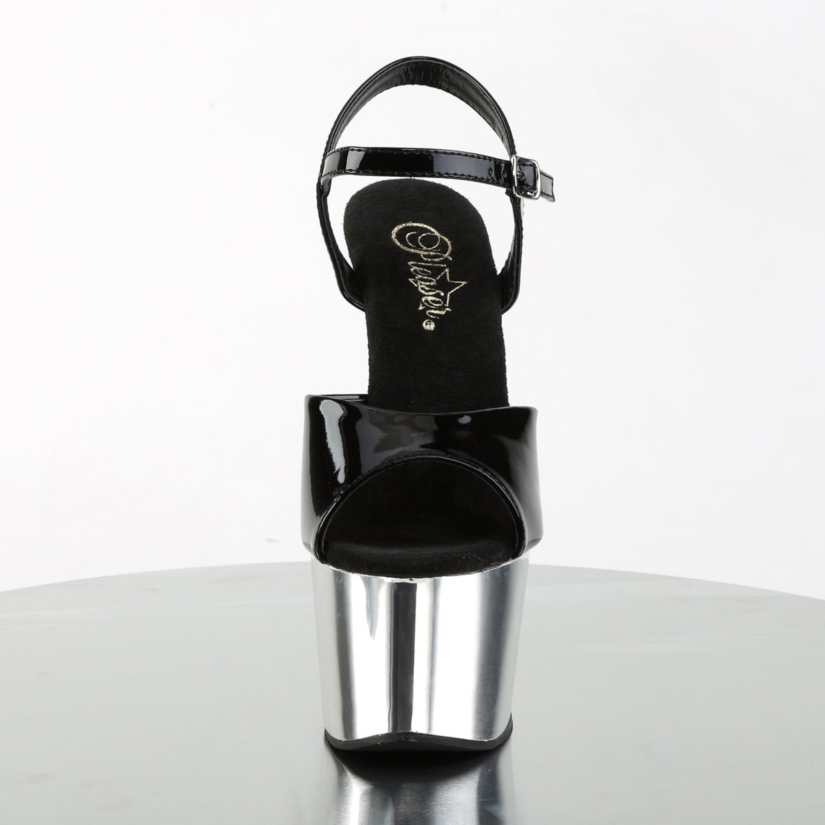 Pleaser Womens Sandals ADORE-709 Blk Pat/Slv Chrome
