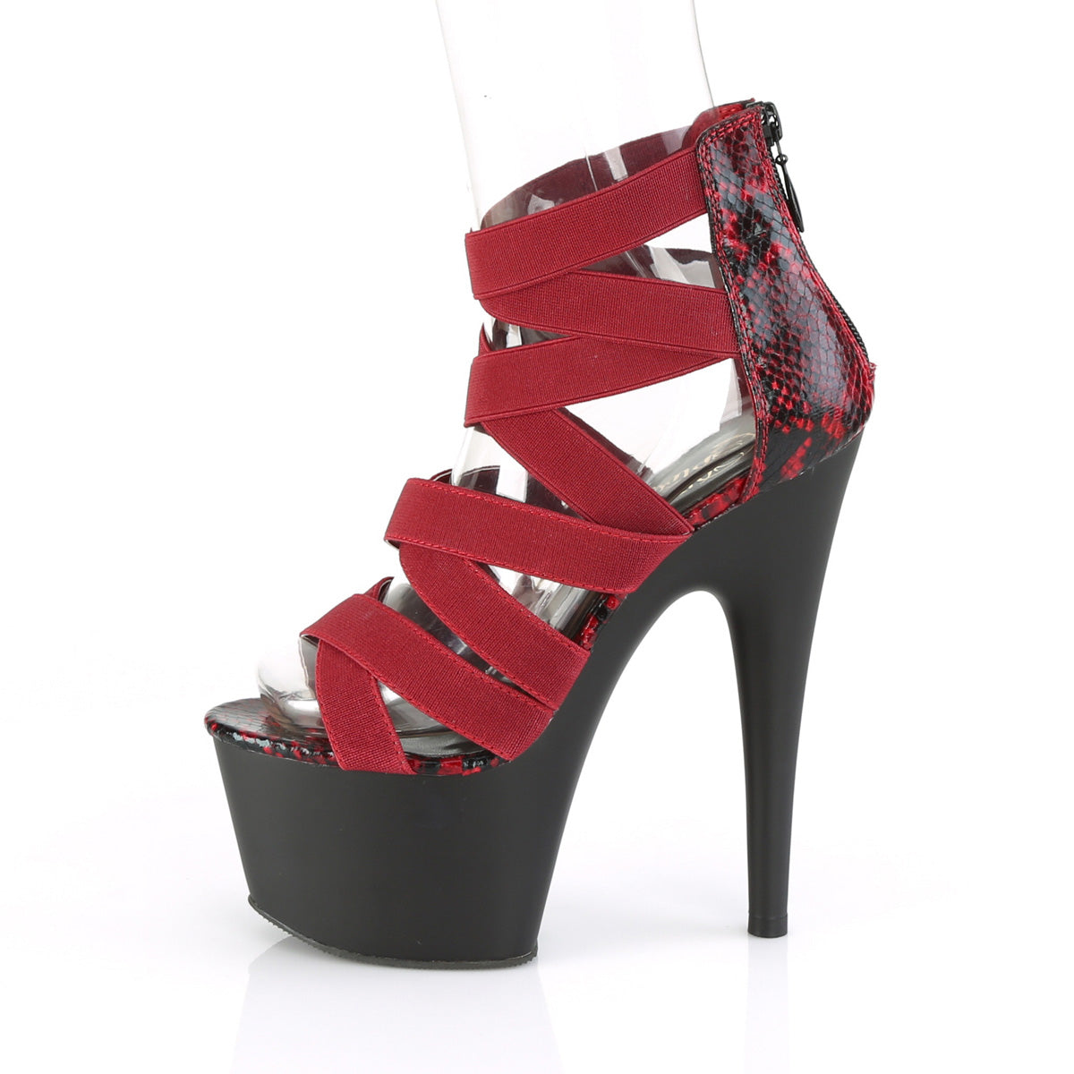 Pleaser Womens Sandals ADORE-748SP Wine Elastic Band-Snake Print Pat/Blk Matte
