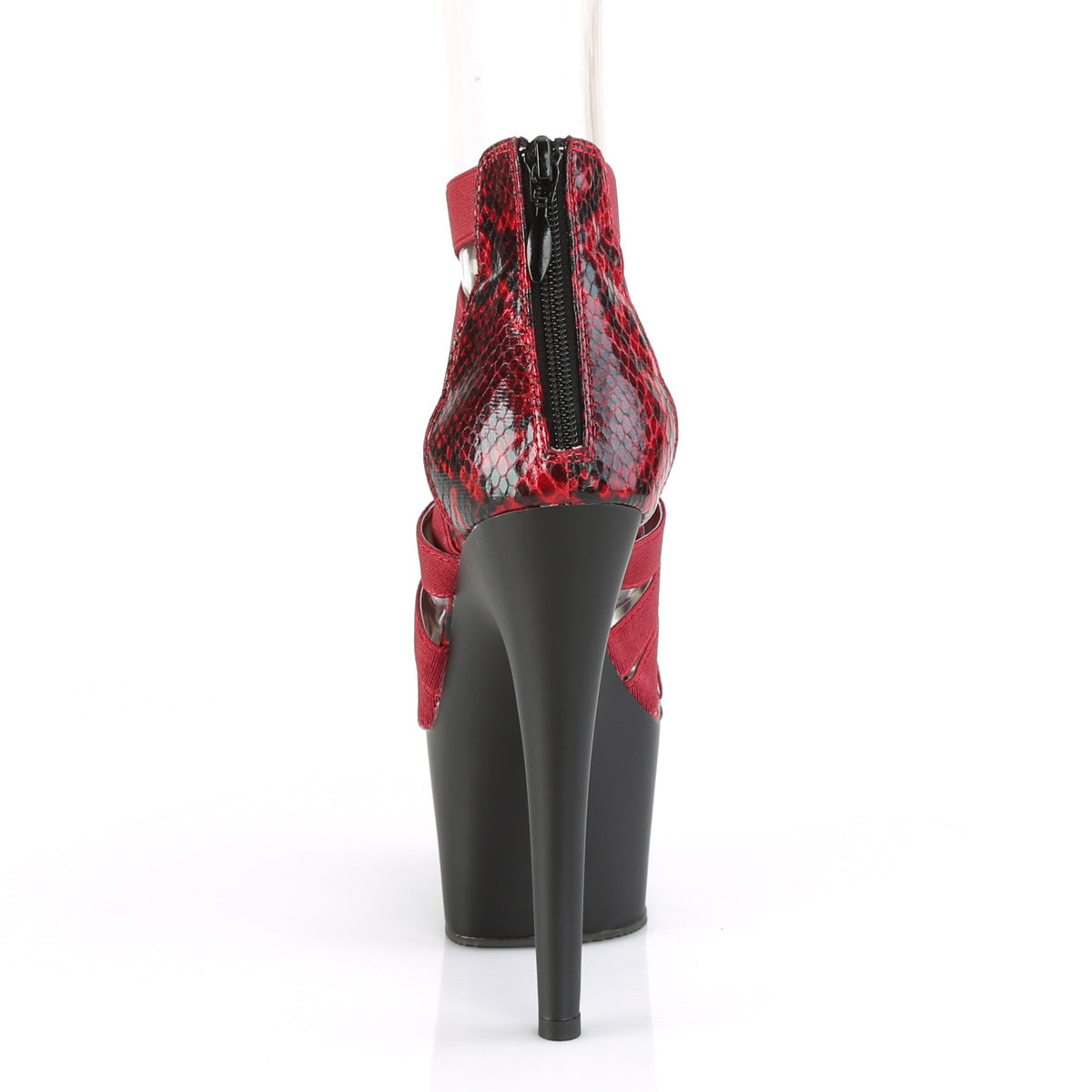 Pleaser Womens Sandals ADORE-748SP Wine Elastic Band-Snake Print Pat/Blk Matte
