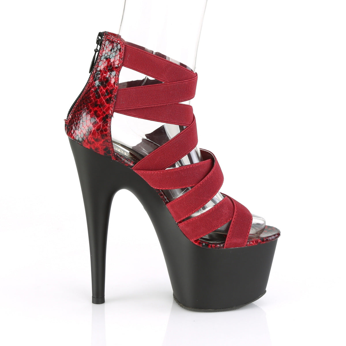 Pleaser Womens Sandals ADORE-748SP Wine Elastic Band-Snake Print Pat/Blk Matte