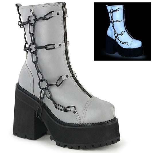 DemoniaCult Bottes de cheville des femmes ASSAULT-66 cuir végétalien réfléchissant gris