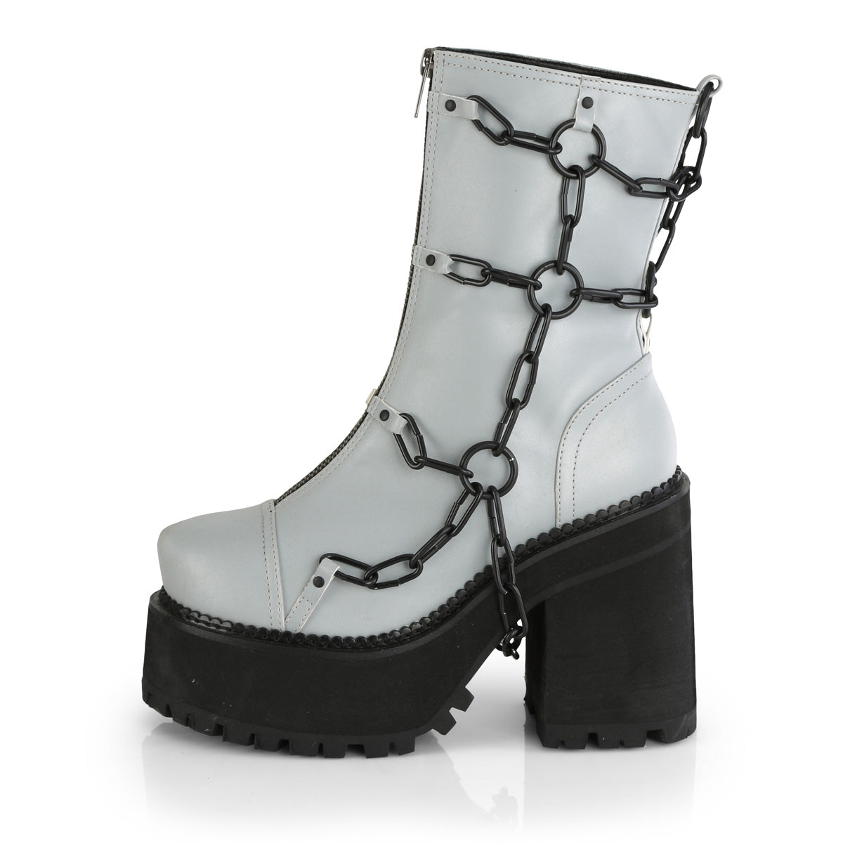DemoniaCult Bottes de cheville des femmes ASSAULT-66 cuir végétalien réfléchissant gris