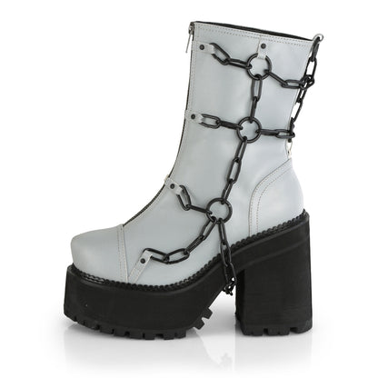 DemoniaCult Bottes de cheville des femmes ASSAULT-66 cuir végétalien réfléchissant gris