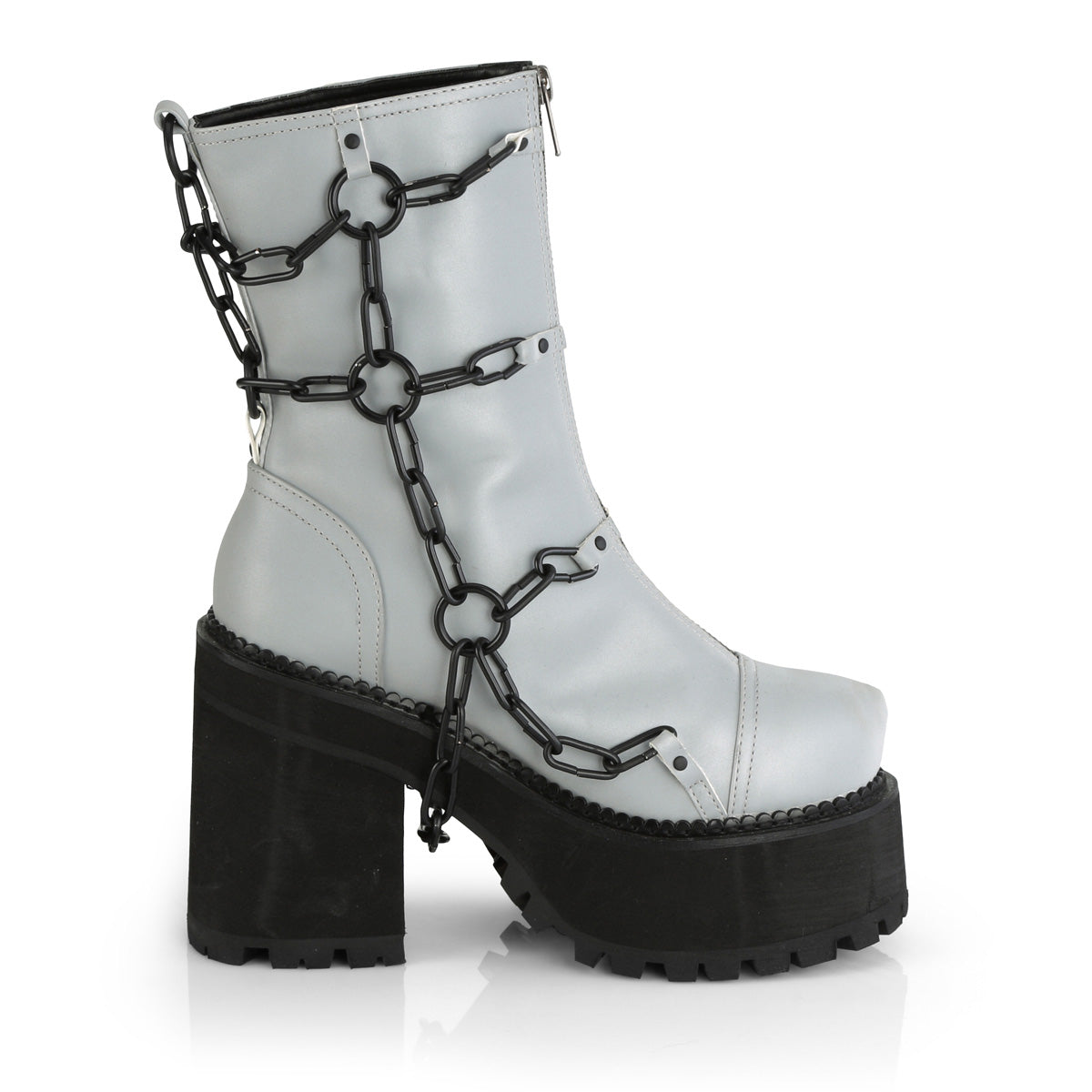 DemoniaCult Bottes de cheville des femmes ASSAULT-66 cuir végétalien réfléchissant gris