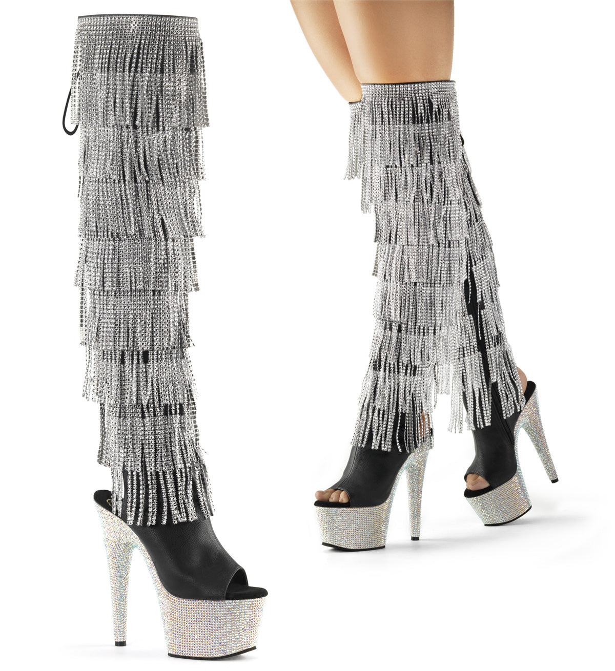 Pleaser Bottes pour femmes BEJEWELED-3019RSF-7 BLK FAUX cuir-SLV / SLV MULTI RS