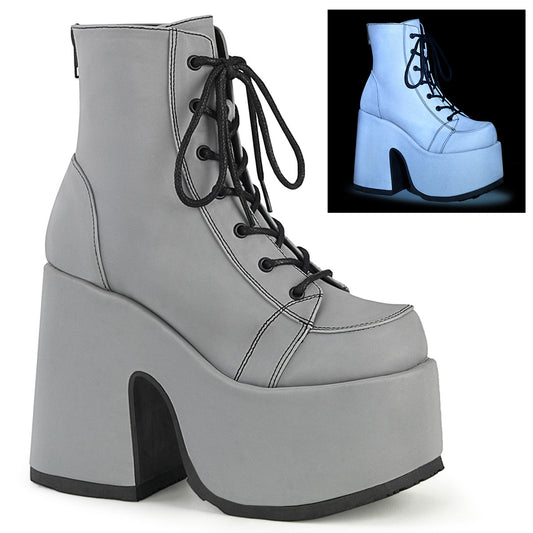 DemoniaCult Bottes de cheville des femmes CAMEL-203 cuir végétalien réfléchissant gris