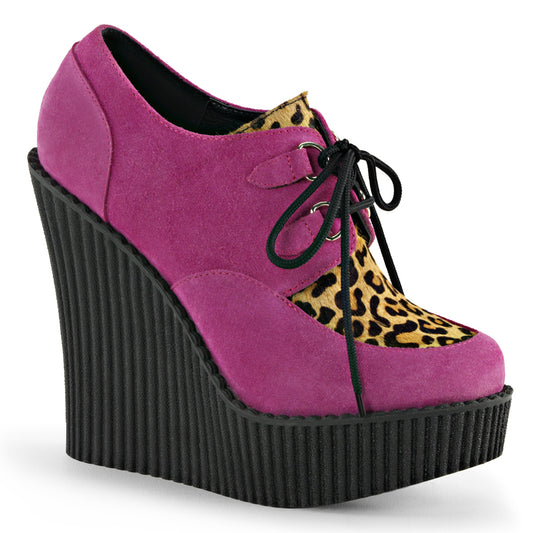 DemoniaCult Womens Low Shoe CREEPER-304 H.Pink Vegan Suede-Leopard Printed Pony Hair